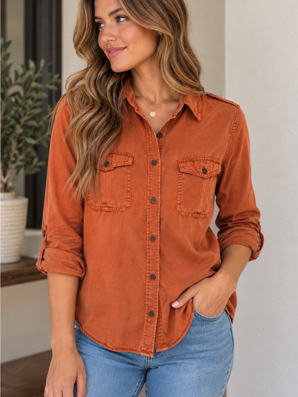 Universal Thread Women’s Rust Orange Utility Shirt Size M Button Up